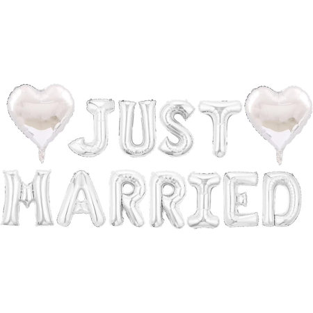 Set Baloane din Folie Metalizata, , Model Just Married, Litere de 40 cm, Baloane Party, Ambalaj Individual, Pai, Ata si Adeziv Incluse, Umflare cu Aer sau Heliu, Argintiu [8]