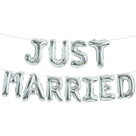 Set Baloane din Folie Metalizata, , Model Just Married, Litere de 40 cm, Baloane Party, Ambalaj Individual, Pai, Ata si Adeziv Incluse, Umflare cu Aer sau Heliu, Argintiu [7]