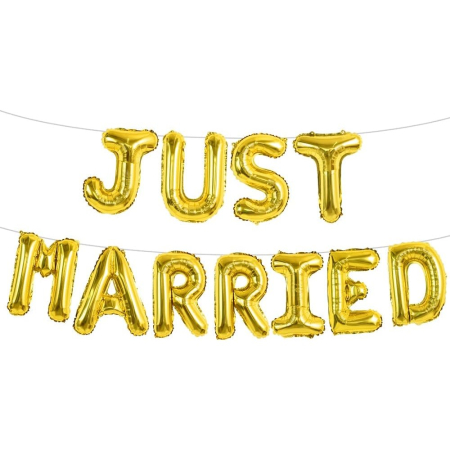 Set Baloane din Folie Metalizata, , Model Just Married, Litere de 40 cm, Baloane Party, Ambalaj Individual, Pai, Ata si Adeziv Incluse, Umflare cu Aer sau Heliu, Auriu [5]