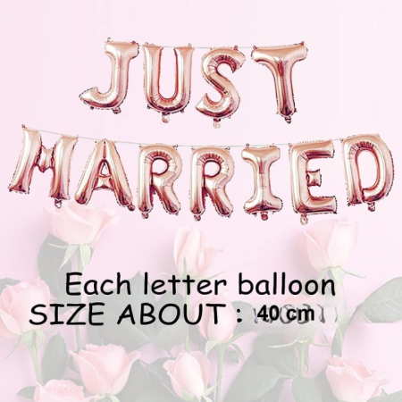 Set Baloane din Folie Metalizata, , Model Just Married, Litere de 40 cm, Baloane Party, Ambalaj Individual, Pai, Ata si Adeziv Incluse, Umflare cu Aer sau Heliu, Roz [1]