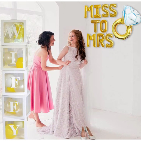 Set Baloane din Folie Metalizata, , Model Miss to Mrs cu Inel de Logodna, Litere de 40 cm, Tema Iubire, Baloane Party, Ambalaj Individual, Pai Inclus, Umflare cu Aer sau Heliu, Auriu [7]