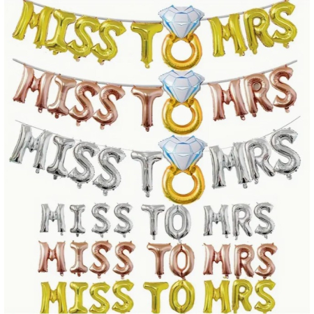 Set Baloane din Folie Metalizata, , Model Miss to Mrs cu Inel de Logodna, Litere de 40 cm, Tema Iubire, Baloane Party, Ambalaj Individual, Pai Inclus, Umflare cu Aer sau Heliu, Auriu [2]