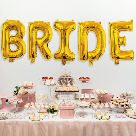 Set Baloane din Folie Metalizata, , Model Scris Bride, Litere de 100 cm, Tema Iubire, Baloane Party, Ambalaj Individual, Pai Inclus, Umflare cu Aer sau Heliu, Auriu [1]