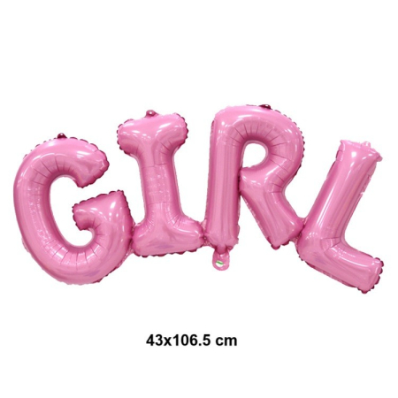 Set Baloane din Folie Metalizată, , Model Scris Girl, 43x106.5 cm, Tematica Baby Shower, Baloane Party, Ambalaj Individual, Pai Inclus, Umflare cu Aer sau Heliu, Roz [1]