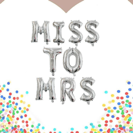 Set Baloane din Folie Metalizata, , Model Scris Miss to Mrs, Litere de 40 cm, Tema Iubire, Baloane Party, Ambalaj Individual, Pai Inclus, Umflare cu Aer sau Heliu, Argintiu [1]