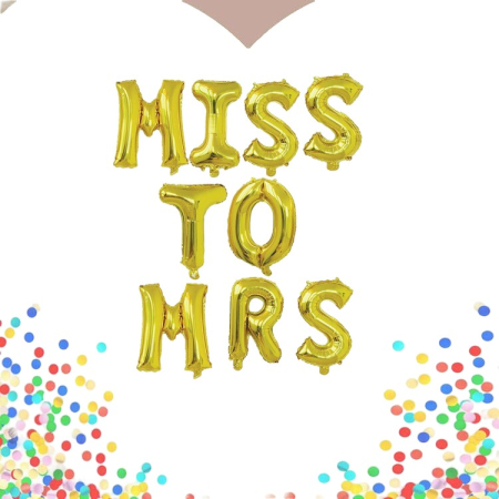 Set Baloane din Folie Metalizata, , Model Scris Miss to Mrs, Litere de 40 cm, Tema Iubire, Baloane Party, Ambalaj Individual, Pai Inclus, Umflare cu Aer sau Heliu, Auriu [1]