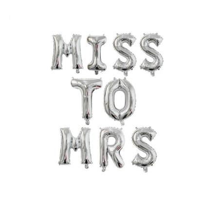 Set Baloane din Folie Metalizata, , Model Scris Miss to Mrs, Litere de 40 cm, Tema Iubire, Baloane Party, Ambalaj Individual, Pai Inclus, Umflare cu Aer sau Heliu, Argintiu [2]
