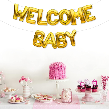 Set Baloane din Folie Metalizata, , Model Welcome Baby, Litere de 40 cm, Baloane Party, Ambalaj Individual, Pai, Ata si Adeziv Incluse, Umflare cu Aer sau Heliu, Auriu [1]