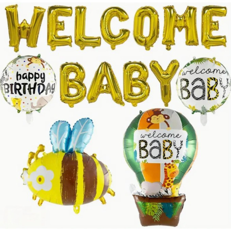 Set Baloane din Folie Metalizata, , Model Welcome Baby, Litere de 40 cm, Baloane Party, Ambalaj Individual, Pai, Ata si Adeziv Incluse, Umflare cu Aer sau Heliu, Auriu [4]