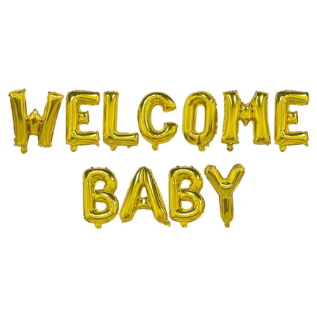 Seturi Baloane Folie - Set Baloane din Folie Metalizata, , Model Welcome Baby, Litere de 40 cm, Baloane Party, Ambalaj Individual, Pai, Ata si Adeziv Incluse, Umflare cu Aer sau Heliu, Auriu