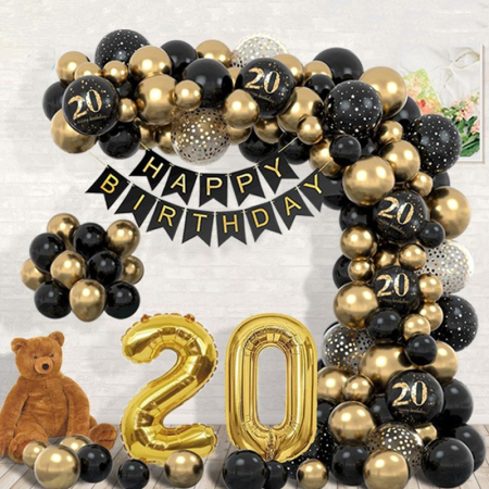 Seturi si Arcade Baloane - Set Baloane Folie si Latex, , Tematica Aniversare, Baloane Latex, Figurine Cifrele 2 si 0, Ambalaj Individual, Pai Inclus, Umflare cu Aer sau Heliu, Auriu Negru