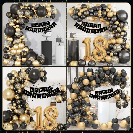 Set Baloane Folie si Latex, , Tematica Aniversare Majorat, Baloane Latex, Figurine Cifrele 1 si 8, Ambalaj Individual, Pai Inclus, Umflare cu Aer sau Heliu, Auriu Negru [4]