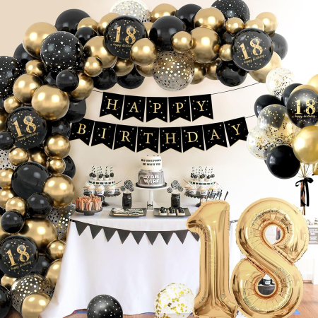 Set Baloane Folie si Latex, , Tematica Aniversare Majorat, Baloane Latex, Figurine Cifrele 1 si 8, Ambalaj Individual, Pai Inclus, Umflare cu Aer sau Heliu, Auriu Negru [3]