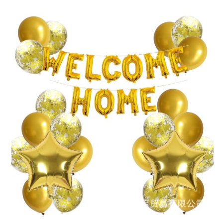 Seturi Baloane Folie - Set baloane folie si latex, , WELCOME HOME, 22 de piese, 20 baloane latex, 2 baloane stea Folie, 1 set Welcome Home, Auriu