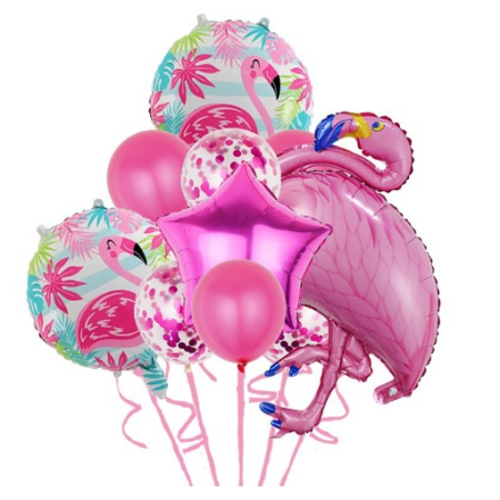 Seturi Baloane Folie - Set Baloane party aniversare, , din Folie de aluminiu si Latex, set din 10 baloane Flamigo Party, 1 stea, 5 baloane latex, 2 rotunde, 60 -90 cm, Roz