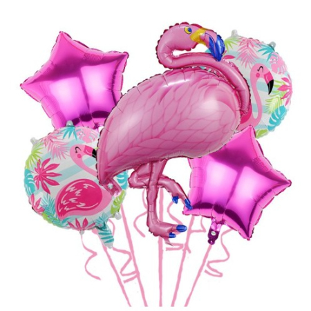 Seturi Baloane Folie - Set Baloane party aniversare, , din Folie de aluminiu si Latex, set din 5 baloane Flamigo Party cu 2 stele, 2 baloane rotunde, 60 -90 cm, Roz