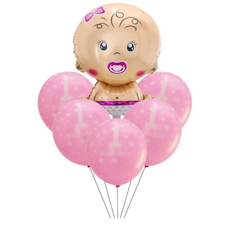 Tematica Fata/Baiat - Set baloane pentru fetite, , FIRST ANYVERSARY, 5 latex 1 Birthday, 1 balon folie din aluminu baby girl, 71 cm, Roz