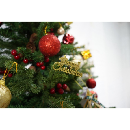 Set brad artificial de Craciun si elemente decorative, decorat cu conuri pin rosii, inaltime 210 cm, diametru 137 cm, 1172 ramuri, , verde, suport metalic inclus [5]