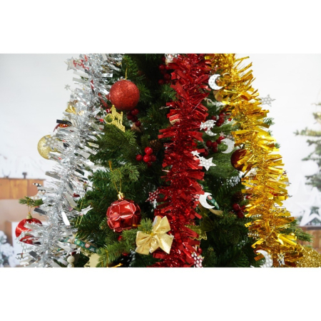 Set brad artificial de Craciun si elemente decorative, decorat cu conuri pin rosii, inaltime 210 cm, diametru 137 cm, 1172 ramuri, , verde, suport metalic inclus [3]