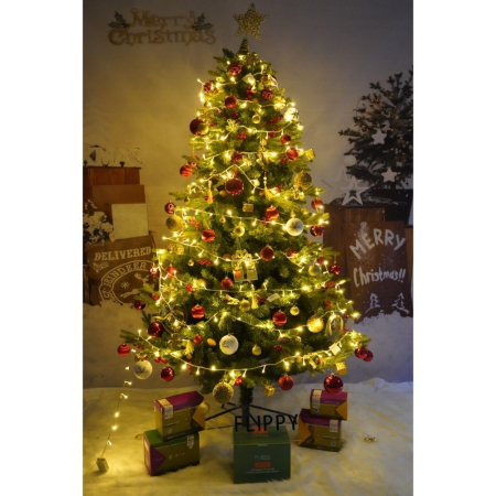 Set brad artificial de Craciun si elemente decorative, decorat cu conuri pin rosii, inaltime 210 cm, diametru 137 cm, 1172 ramuri, , verde, suport metalic inclus [2]