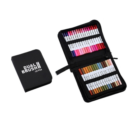 Markere si Set Desen - Set Carioci pe Baza de Apa, , 2 in 1, pentru Pictura, Caligrafie, 100 Culori, Penar Negru, Corp Carioca Alb, 23.5 x 19.5 x 7.5 cm, Multicolor
