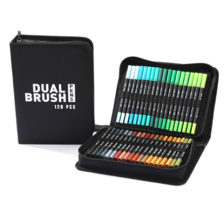 Markere si Set Desen - Set Carioci pe Baza de Apa, , 2 in 1, pentru Pictura, Caligrafie, 120 Culori, Penar Negru, Corp Carioca Negru, 27.5 x 19.5 x 8 cm, Multicolor