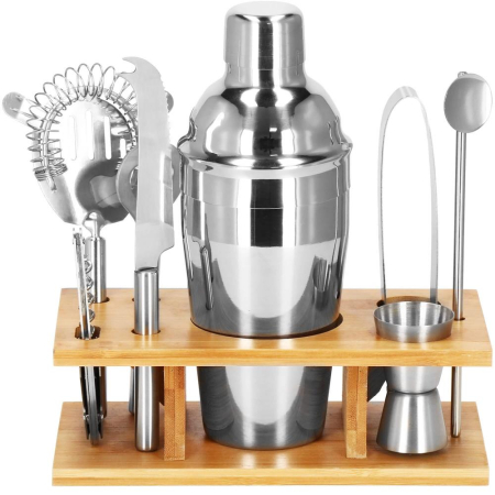 BUCATARIE - Set Cocktail Shaker Kit pentru barmani 550ml, KI22, suport bambus, 9 piese