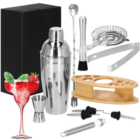 Set Cocktail Shaker Kit pentru barmani 550ml, KI24, suport bambus, 11 piese [30]