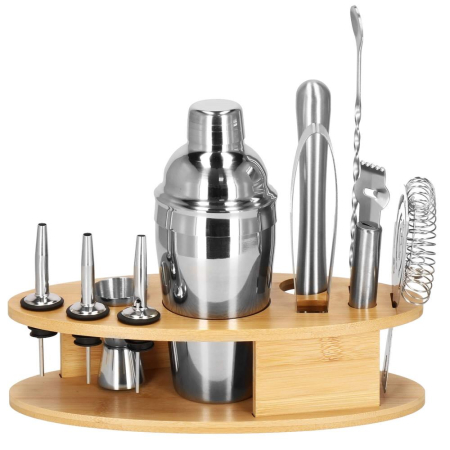 BUCATARIE - Set Cocktail Shaker Kit pentru barmani 550ml, KI24, suport bambus, 11 piese