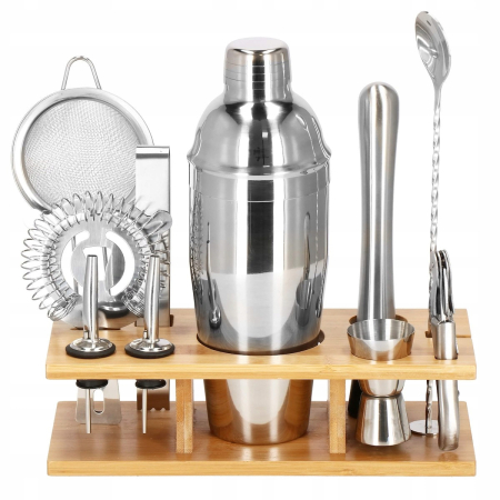 Disponibil livrare locker S - Set Cocktail Shaker Kit pentru barmani 750ml, KI10, suport bambus, 12 piese