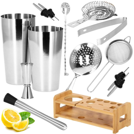 Set Cocktail Shaker Kit pentru barmani 750ml, KI11, suport bambus, 14 piese [22]