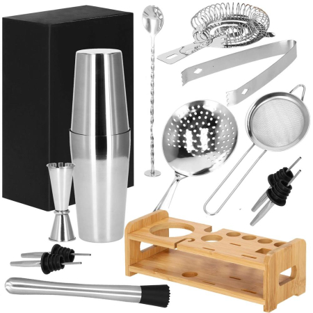 Set Cocktail Shaker Kit pentru barmani 750ml, KI11, suport bambus, 14 piese [24]