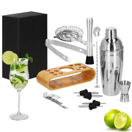 Set Cocktail Shaker Kit pentru barmani 750ml, KI25, suport bambus, 12 piese [25]
