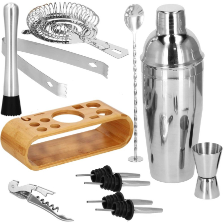 Set Cocktail Shaker Kit pentru barmani 750ml, KI25, suport bambus, 12 piese [28]