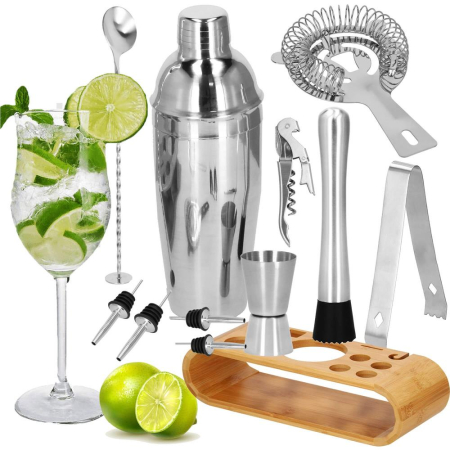 Set Cocktail Shaker Kit pentru barmani 750ml, KI25, suport bambus, 12 piese [22]