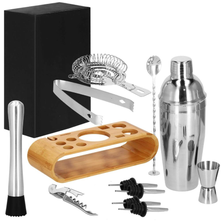 Set Cocktail Shaker Kit pentru barmani 750ml, KI25, suport bambus, 12 piese [24]