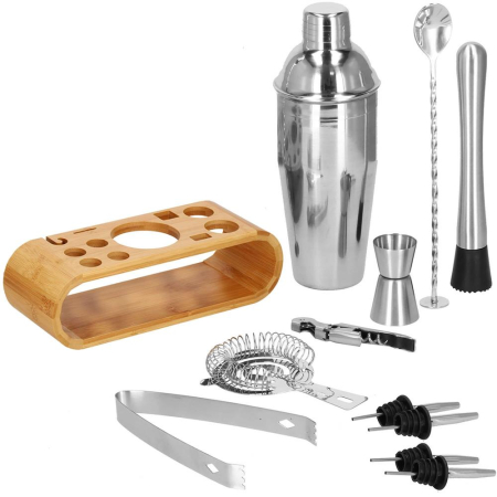 Set Cocktail Shaker Kit pentru barmani 750ml, KI25, suport bambus, 12 piese [30]