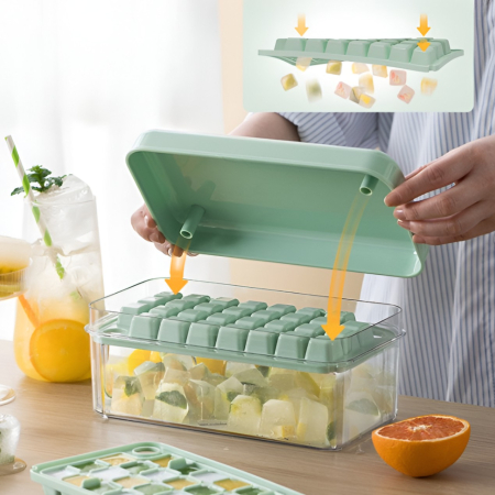Set Cutie pentru Gheata, , Uz Casnic, Doua Tavite pentru Cuburi, Capac Etans, Lopata, 23.5x13.3x10 cm, Verde [11]