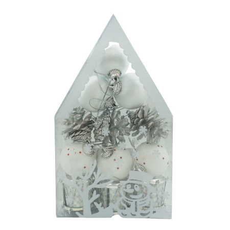 Ornamente Brad - Set de 12 ornamente de brad, , de tip Glob, Alb/ Argintiu, din polistiren, cu finisaj sclipitor , cutie 4 cm adancime x 20 cm inaltime x 12 cm lungime)