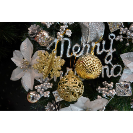 Set de 12 ornamente de brad, , de tip Glob, Auriu, din plastic, cu finisaj sclipitor , cutie 6 cm adancime x 23 cm lungime x 18 cm inaltime [9]