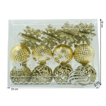 Set de 12 ornamente de brad, , de tip Glob, Auriu, din plastic, cu finisaj sclipitor , cutie 6 cm adancime x 23 cm lungime x 18 cm inaltime [10]