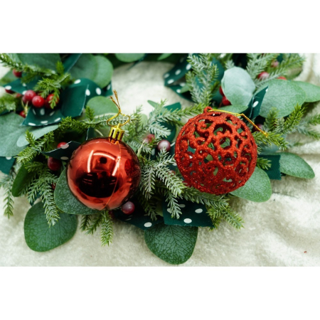 Set de 12 ornamente de brad, , de tip Glob, Rosu/ Auriu, din plastic, cu finisaj sclipitor , cutie 6 cm adancime x 23 cm lungime x 18 cm inaltime [8]