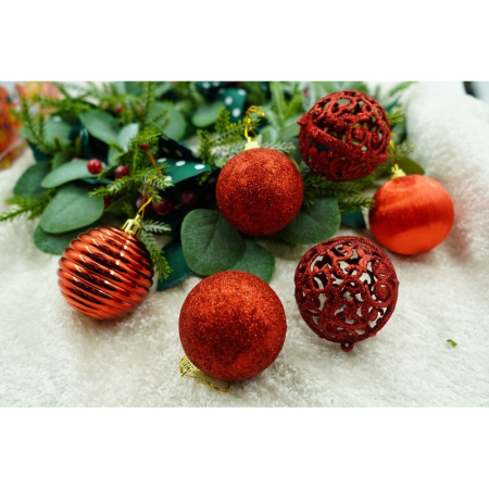 Set de 12 ornamente de brad, , de tip Glob, Rosu, din polistiren, cu finisaj sclipitor , cutie 6 cm adancime x 23 cm lungime x 18 cm inaltime [6]