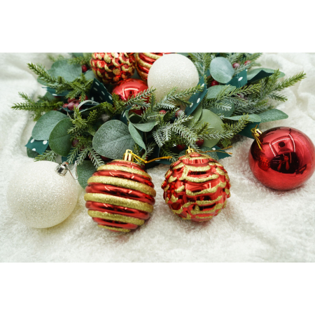 Set de 24 ornamente de brad, , de tip Glob, Alb/ Rosu, cu ø de 7 cm, din plastic, cu finisaj sclipitor , cutie 16 cm lungime x 36 cm inaltime x 16 cm adancime [1]