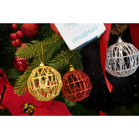 Set de 6 ornamente de brad, , de tip Glob, Multicolor, cu ø de 6 cm, din metal, cu finisaj sclipitor , cutie 6 cm adancime x 34 cm lungime x 6 cm inaltime [4]