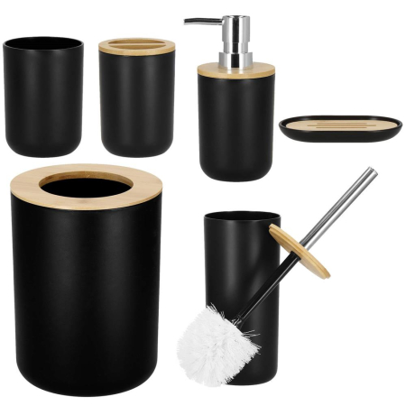 Set de accesorii rotunde pentru baie din plastic cu elemente bambus, 6 piese, negru [6]