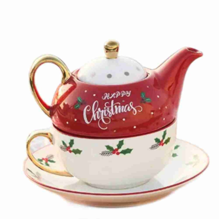 Set de Ceai, , Tema Craciun, Ceainic 420 ml, Cana 310 ml, Farfurie, din Portelan, Model Happy Christmas, Rosu [4]