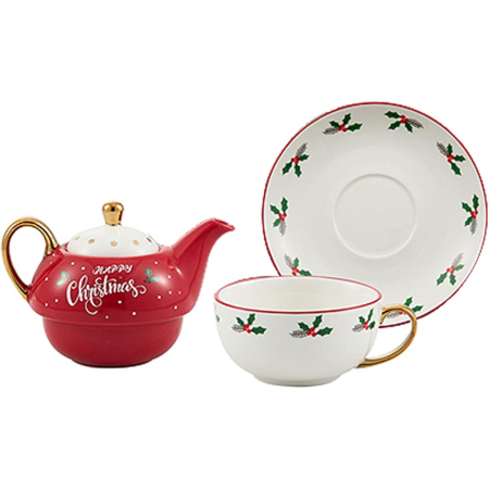 Set de Ceai, , Tema Craciun, Ceainic 420 ml, Cana 310 ml, Farfurie, din Portelan, Model Happy Christmas, Rosu [5]