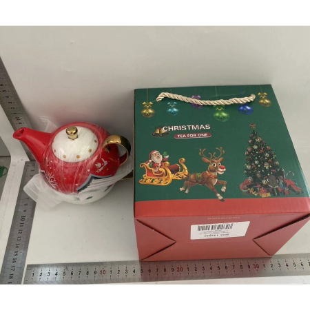 Set de Ceai, , Tema Craciun, Ceainic 420 ml, Cana 310 ml, Farfurie, din Portelan, Model Happy Christmas, Rosu [1]