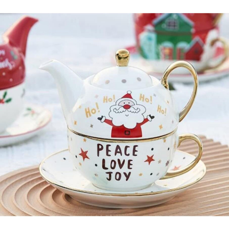 Set de Ceai, , Tema Craciun, Ceainic 420 ml, Cana 310 ml, Farfurie, din Portelan, Model Mos Craciun, Alb [4]